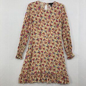 New Look size 8 Floral Multi Color Feminine Ruffle Hem Shirred Cuff Mini Dress